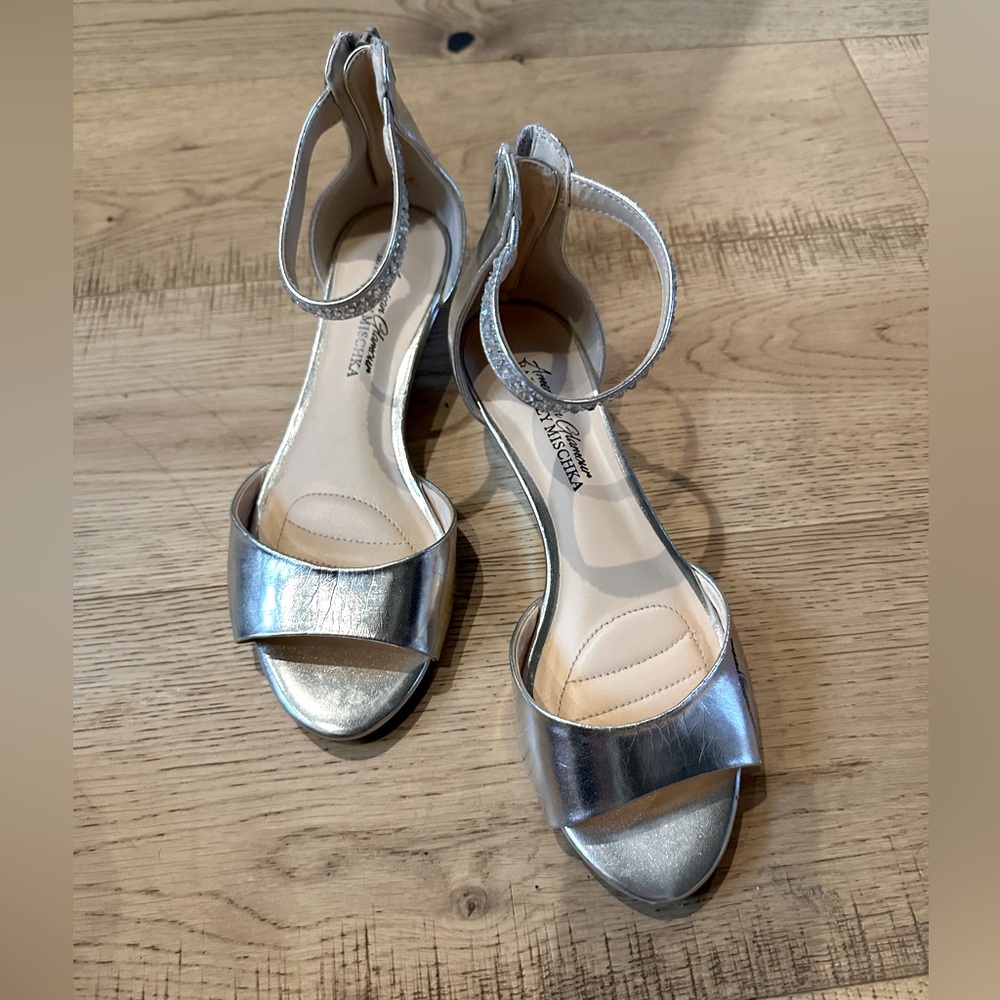 Badgley Mischka Shimmering Silver Ankle Strap Heels